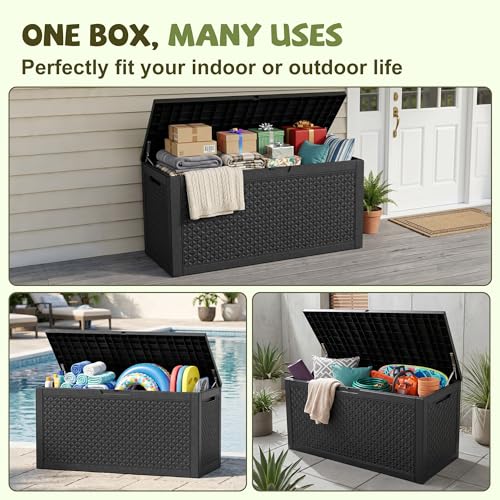 Black 160 Gallon Outdoor Waterproof Storage Box with Lock & Seat