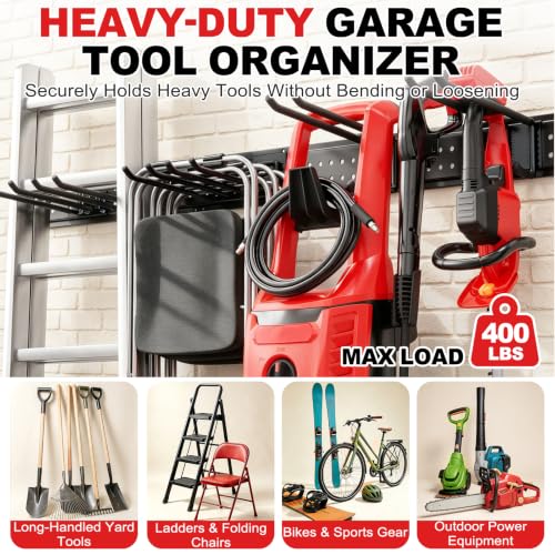 ZICANYCO 49.5-Inch Garage Tool Organizer Wall Mount with 10 Adjustable Heavy-Duty Hooks, 3 Panels, Holds Up to 400 lbs