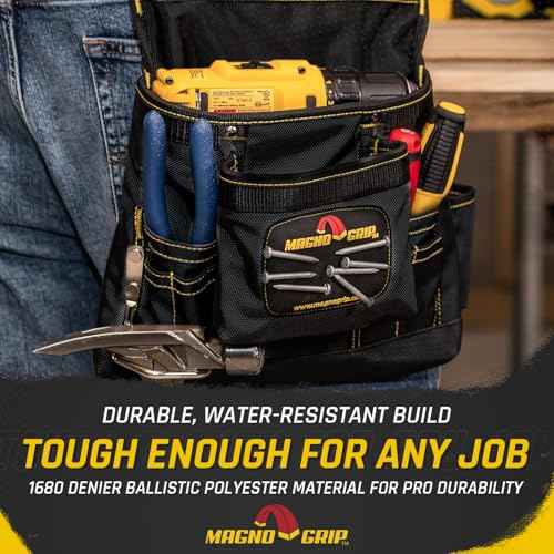 MagnoGrip 10-Pocket Tool Pouch with Magnetic Storage - Durable 1680D Ballistic Polyester, Adjustable Belt, Reinforced Rivets, Easy Access Pockets for Construction, Carpentry, and DIY Projects - Black