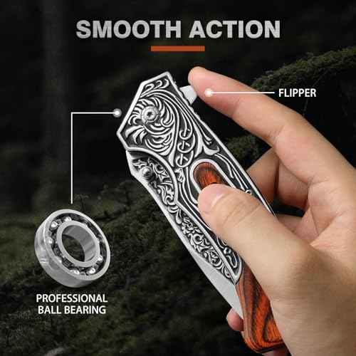 Pocket Knife for Men, 8.7" Folding Knife, 440 Stainless Steel Blade, 0.19lb, Wood Handle with 3D Retro Embossed Pattern, EDC Folding Knife for Work, Camping, Christmas Gifts