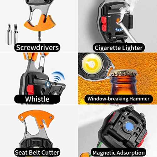 BY-J COB Keychain Work Light Keychain Flashlights, 7 Lighting Modes, 1600 Lumens, COB Rechargeable Multi-Function Work Light with Electric Lighter, Seat Belt Cutter, Screwdriver, Whistle