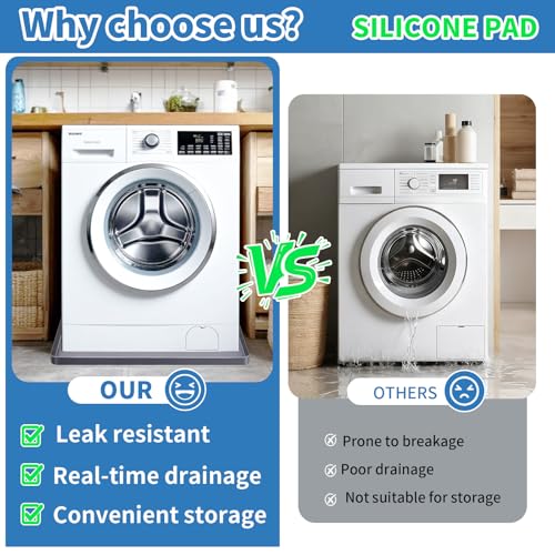 QSXVTR Grey 27x27 in Silicone Washing Machine Drain Pan with 0.79 in Raised Edge, Leak-Proof Non-Slip Floor Protector