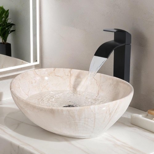 HM HomeMieco Oval Marbling Vessel Sink with Waterfall Faucet and Pop-up Drain Ceramic Bathroom Sink Above Counter Bowl Sinks for Bathrooms