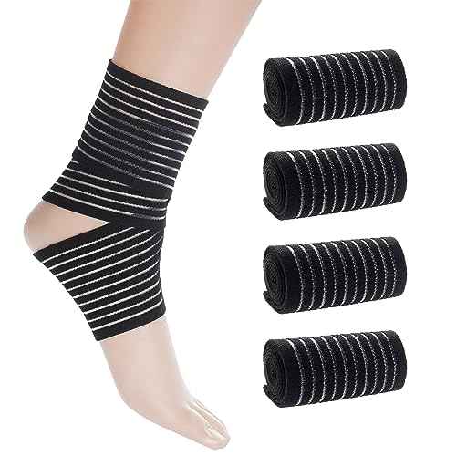 Rbenxia 4 Pieces of Black Elastic Ankle Compression Bandage Adjustable Ankle Strap Heel Brace Wraps Breathable Ankle Band for Stabilising Ligament, Joint Pain, Sport (70 cm)