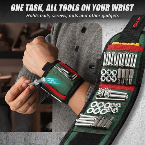 Magnetic Wristband, Tool Belt Wrist Band with LED Light, 15 Powerful Magnet, Adjustable Wrist Screws Holder, Stocking Stuffers for Men, Birthday Gifts for Dad, Him, Mechanics, Woodworker, Handyman