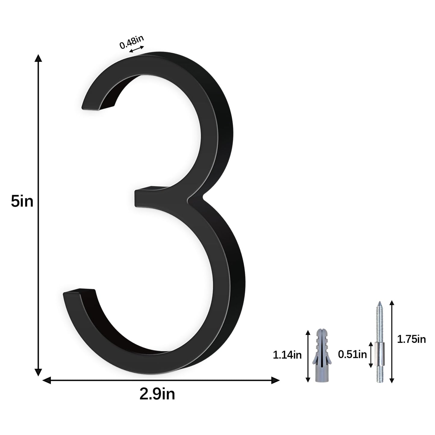 5 Inch House Numbers for Outside, Stainless Steel Floating Address Numbers for House, Modern Black Metal Door Numbers for Mailbox, Wall, Yard, Easy Install with Mounting Kit (3)