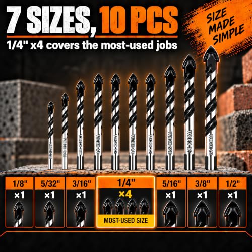 TITGGI 10-Piece Masonry Drill Bit Set - 7 Sizes for Concrete, Tile, Brick, and More
