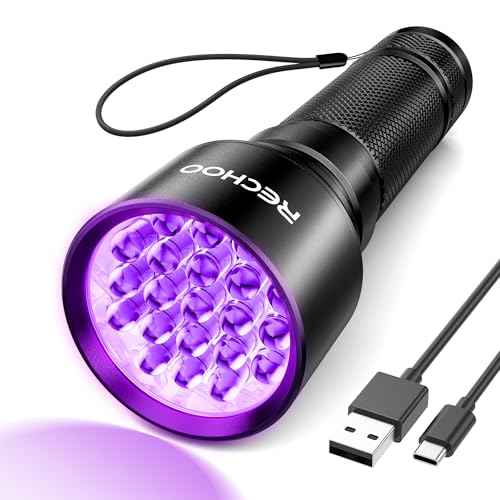 RECHOO UV Flashlight Black Light, 21 LED 395nm Ultraviolet Rechargeable Flashlights UV Light, Waterproof Portable BlackLight Flashlights for Pet Urine Detection, Dry Stains, Bed Bug, Fluorescent Agent
