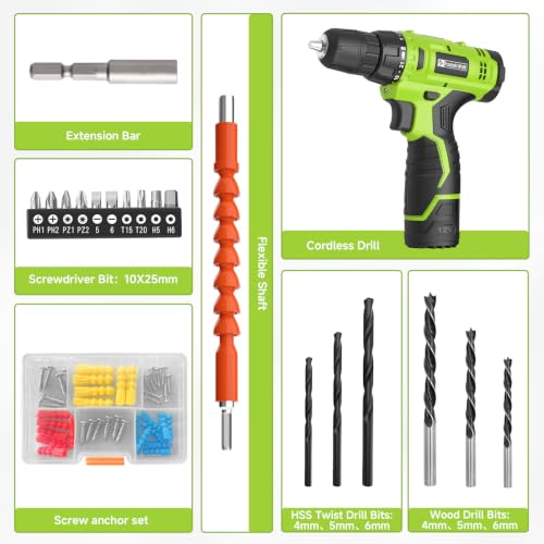 FADAKWALT Green 12V Cordless Drill Set with Battery & Charger, 21+1 Torque, LED Light