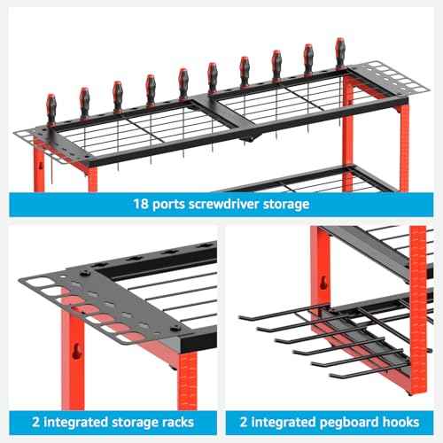 CCCEI Power Tool Organizer Wall Mount, Large 3 Layer Garage Storage Shelves and Organization, Heavy Duty Metal Drill, Battery, Tools Box Holder Rack, Gifts for Men, Red.