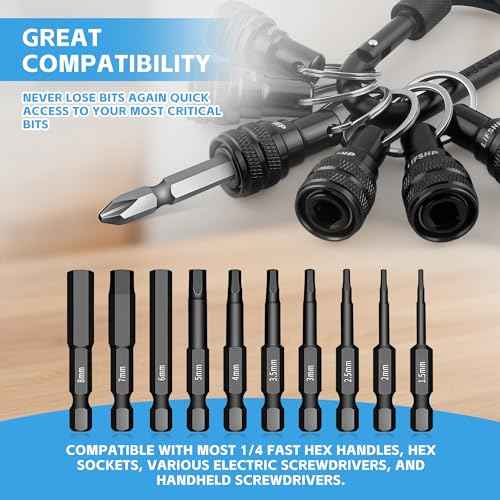 6Pcs Drill Bit Holder Key Chain, 1/4 Hex Shank Aluminum Alloy Push to Unlock Quick Release for Impact Bit Driver Extension Bar Nut Driver Screwdriver & Drill Bits,Tool Gifts for Men-Black