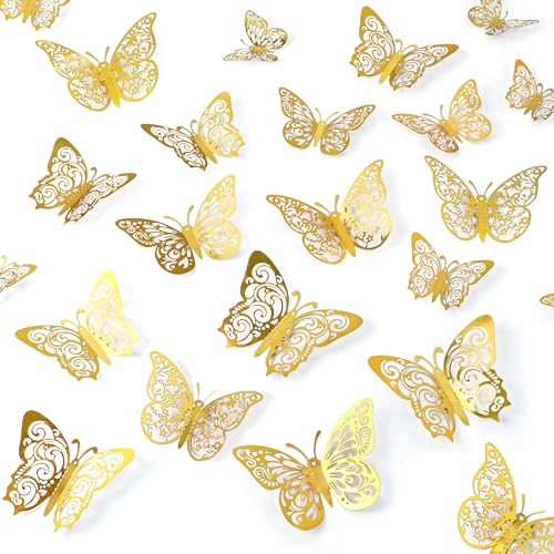 Crosize Gold Butterfly Wall Decorations - 72 Pcs, 3 Sizes & 3 Styles, Removable 3D Murals