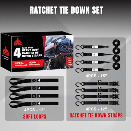 Black 4-Piece Heavy Duty Ratchet Tie Down Straps Set - 1500 lbs Capacity, 1" x 15', Soft Loops & Coated Hooks