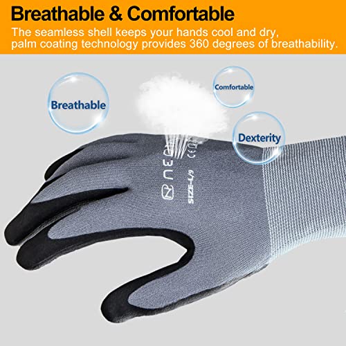 NEOTRIL MicroFoam Nitrile Coated Work Gloves - Large, 3 Pairs, Breathable Nylon, Safety Gloves for Men and Women