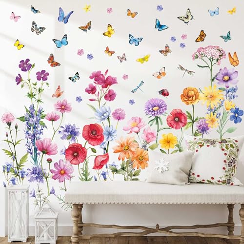 Flower Wall Decals, Colorful Floral Wall Decals, Flower Decals for Walls Butterfly Vinyl Wall Decals Peel and Stick Removable Flower Wall Stickers Art Decor Wall Decals for Girls Bedroom