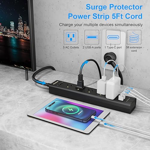 2 Pack Power Strip Surge Protector with 5 Outlets & USB-C, 1250W, 5ft Extension Cord, Wall Mount - IECOPOWER