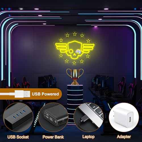 Skull Neon Sign for Wall Decor - Hero Diver Game Neon Acrylic USB Powered LED Wall Art Decor, Light Up Sign Dimmable, for Man Cave Game Room Bedroom Birthday Party Christmas 14.02" x 11.38"