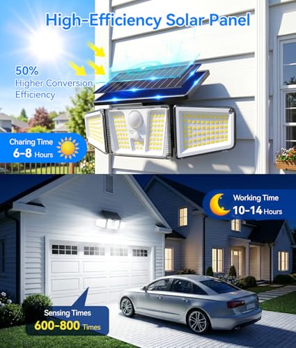 KOOPER Black 2-Pack Solar Flood Lights with 210 LED & Motion Sensor, 3 Heads Wide Angle Outdoor Security Lighting