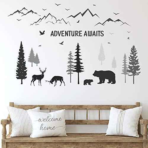 Tenare Dreamy Forest Wall Decals with Pine Tree, Animal Deer, Mountain & Inspirational Quote - DIY Wall Stickers for Kids' Room, Living Room, Bedroom (Simple Style)