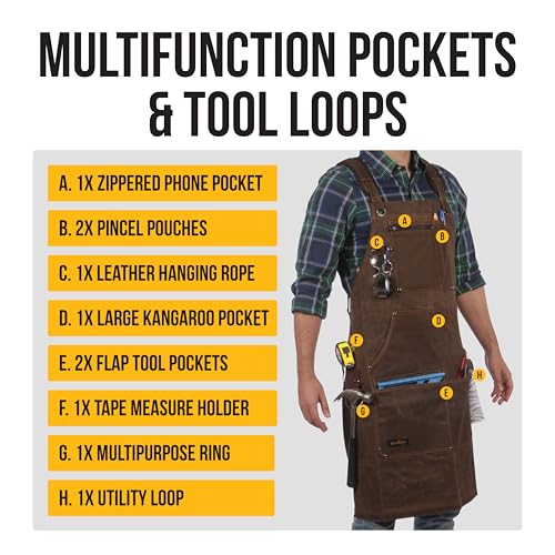 ecoZen 16oz Waxed Canvas Work Apron with Tape Holder - 27 x 34 inches Shop Apron with Elastic Back Strap and Front Pockets, Fully Adjustable, Tough Protection for Men - Brown