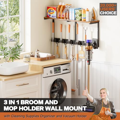 Broom Holder Wall Mount with Cleaning Supplies Organizer, Laundry Room Organization and Storage Shelves with Mop Hanger Rack Gripper Hooks, Utility Shelf Closet Organizer for Home Garage Kitchen