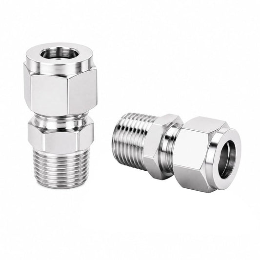 Pysrych 304 Stainless Steel Compression Fitting 1/4" Tube OD x 1/8" NPT Male Coupler Straight Adapter Connect with Double Ferrules Pack of 2