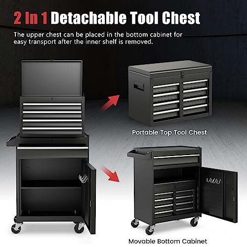 Goplus 5-Drawer Rolling Tool Chest with Detachable Top Box - Black, Lockable Wheels & EVA Liner