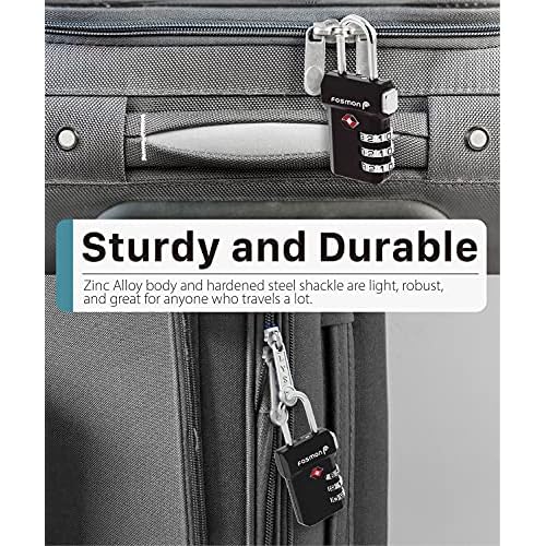 Fosmon TSA Accepted Luggage Locks, (4 Pack) Open Alert Indicator 3 Digit Combination Padlock Codes with Alloy Body and Release Button for Travel Bag, Suit Case & Luggage - Black