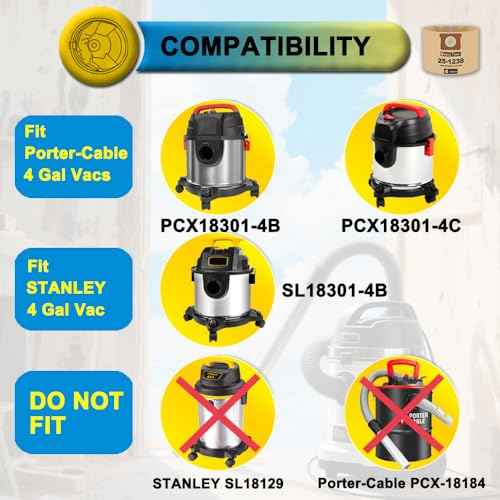 SpaceTent 3 Pack Vacuum Filter Bags compatible with Stanley and PorterCable 4 Gallon Wet Dry Vacuum, Part # 25-1238