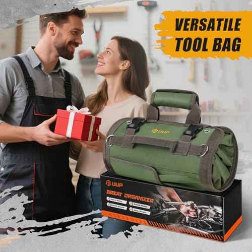 Tool Bag Roll Up, UUP Heavy Duty Portable Soft Tool Storage Organization, Foldable Empty Rollup Organizer with 2 Small Pouches, Rollable Carrying Toolbag, Dad Men Mechanic Welding Birthday Gift, Green