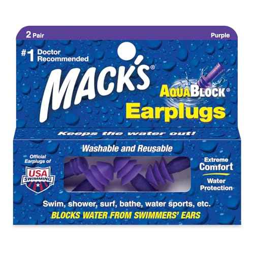 Mack's AquaBlock Swimming Earplugs, 2 Pair - Comfortable, Waterproof, Reusable Silicone Ear Plugs for Swimming, Snorkeling, Showering, Surfing and Bathing (Purple)