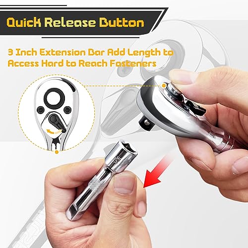 Stubby Ratchet Set- 3/8" Drive Ratchet Handle with a Extension Bars, Gift for Men 72-T Reversible Quick Release Head Premium Mini Ratchet Wrench for Narrow Spaces