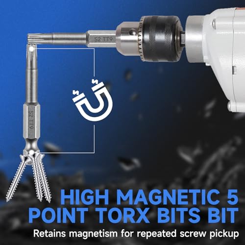 5 Point Security Torx Bit Set 10pcs Star Bits Set Screwdriver Magnetic S2 Alloy Steel With 1/4" Hex Shank TT8-TT45(50mm)