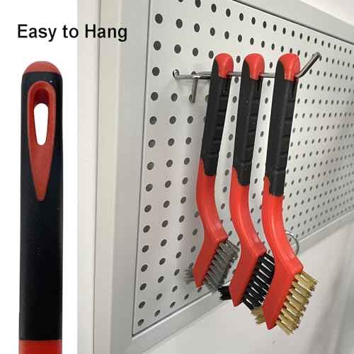 6Pcs Mini Wire Brush Set, Stainless Steel/Brass/Nylon Bristles Wire Brushes, Curved Handle Soft Grip for Rust, Dirt & Paint Scrubbing with Deep Cleaning ? 7 Inches (Red)