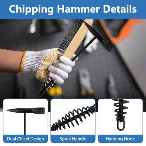 2 Pack Welding Chipping Hammer and Wire Brush Set ? 11" Hammer with Coil Spring Handle, Cone and Vertical Chisel and 9.8" Stainless Steel Brush for Slag, Spatter, Residue Removal