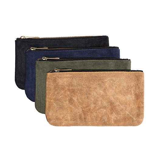Tool Pouch, Heavy Duty 16oz Waxed Canvas Metal Zipper Tool Bags, Water Resistant, Durable, 4pc Set (7.6x4.5 inches)