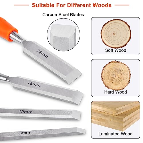 4 Piece Wood Chisel Sets Woodworking Tools Set, Wood Chisels for Woodworking with Steel Hammer End, Wood Tools Chisel Set Woodworking with Ergonomic Plastic Handle, 6mm, 12mm, 18mm, 24mm