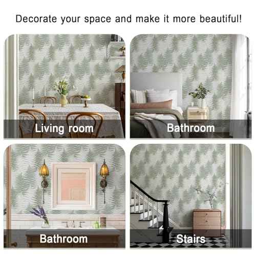 JiffDiff Botanical Fern Peel and Stick Wallpaper 17.73" x 118.1" Leaf Moody Ferns Forest Textured Self Adhesive Temporary Wall Paper for Bathroom Bedroom Apartment Friendly