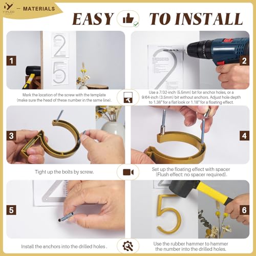 Number 1 House Numbers for Outside - 5 Inch Modern Metal Address Sign, Weather-Resistant Gold Finish