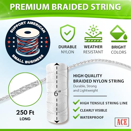 ACE Supply 250 Ft White Braided Nylon Twine - Strong Outdoor Garden String, Supports & Marking Rope