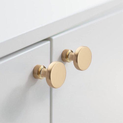 Amerdeco 10 Pack Brushed Brass Kitchen Cabinet Knobs Single Hole Cabinet Pulls Round Gold Drawer Knobs Dresser Knobs and Pulls for Bathroom Cabinets…