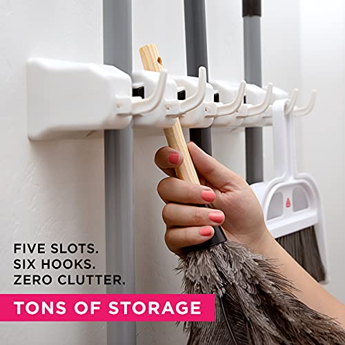 Berry Ave 1 Pack Wall Mount Broom & Mop Organizer with 5 Slots, 6 Hooks, White