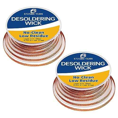 Essmtuin Solder Wick Braid 10Ft with Flux for Electronic, 2 Roll Desoldering Wick Braid Remover Solder, No-Clean Soldering Wick Used to Disassemble Electrical Components (WID 0.1in (2.5mm))