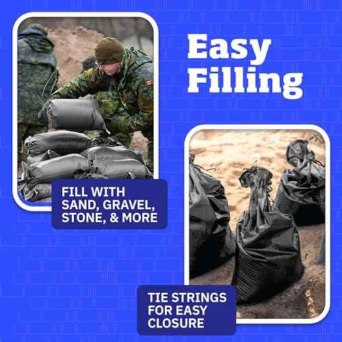 DURASACK Heavy Duty Sand Bags with Tie Strings Empty Woven Polypropylene Sand-Bags for Flood Control with 1600 Hours of UV Protection, 50 lbs Capacity, 14x26 inches, Black, Pack of 10
