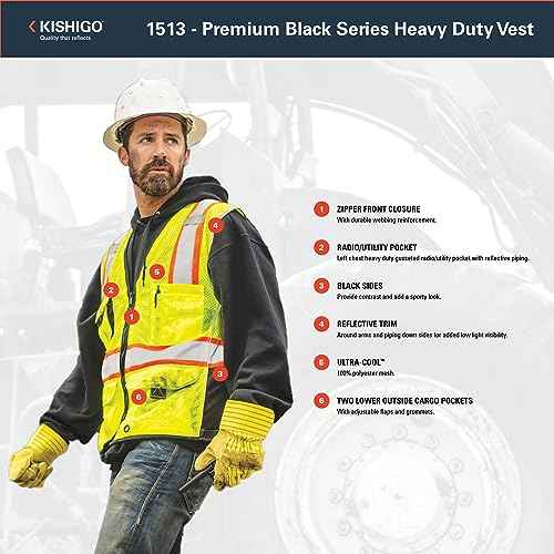 Kishigo Premium Black Series Heavy Duty Unisex Reflective Safety Vest, ANSI Type R/Class 2 Compliant, 6 Pockets