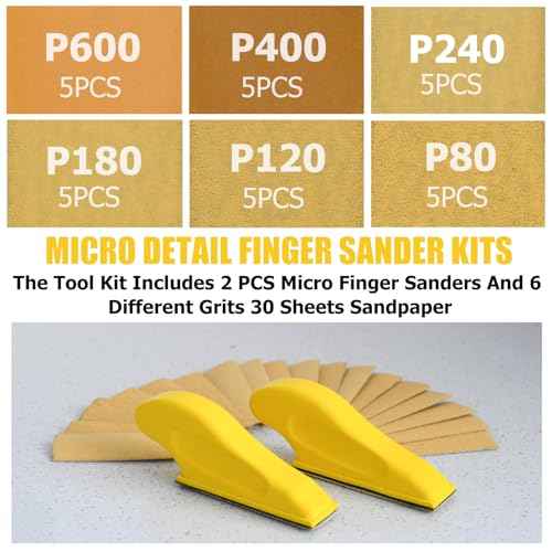 Finger Sander for Crafts, 2 Pack Mini Micro Gator Sander for Crafts with 30 Sheets 3.5 x 1 Inch Sandpaper 80 120 180 240 400 600 Grit Sanding for DIY Wood Finishing Tight Narrow Polishing