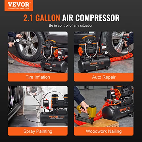 VEVOR 2.1 Gallon Oil-Free Air Compressor 1.2HP 2.2 CFM @ 90 PSI for Auto & Workshop