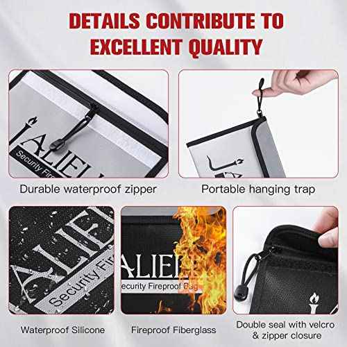 2 Pack Fireproof Money Bag (9.5x6.5''), Non-itchy Waterproof Fireproof Bag with Zipper, Small Fire Proof Money Bag for Cash, Valuables, Passport, Currency & Keys (Black & Grey)