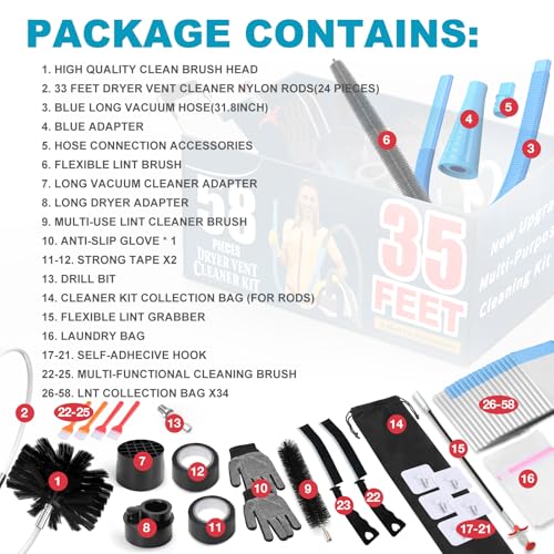 Sealegend 35Feet Dryer Vent Cleaning Kit with 58-Pieces – Deep Clean Lint, Vacuum Attachment & More