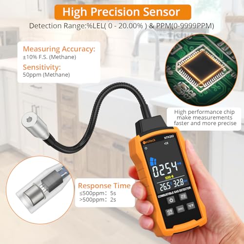 Neoteck Natural Gas Detector 0-9999PPM/0%-20% LEL Gas Leak Detector with 12¡± Gooseneck Combustible Gas Detector with 3 Sensitive Modes Test Methane Propane Gasoline for Gas Pipeline Gas Stove and RV